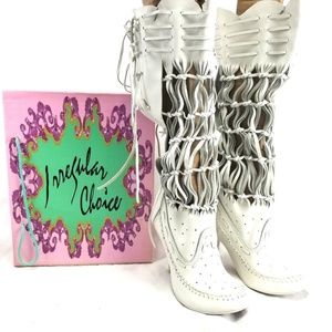 Irregular Choice White Leather Fringe Knee Boots 9